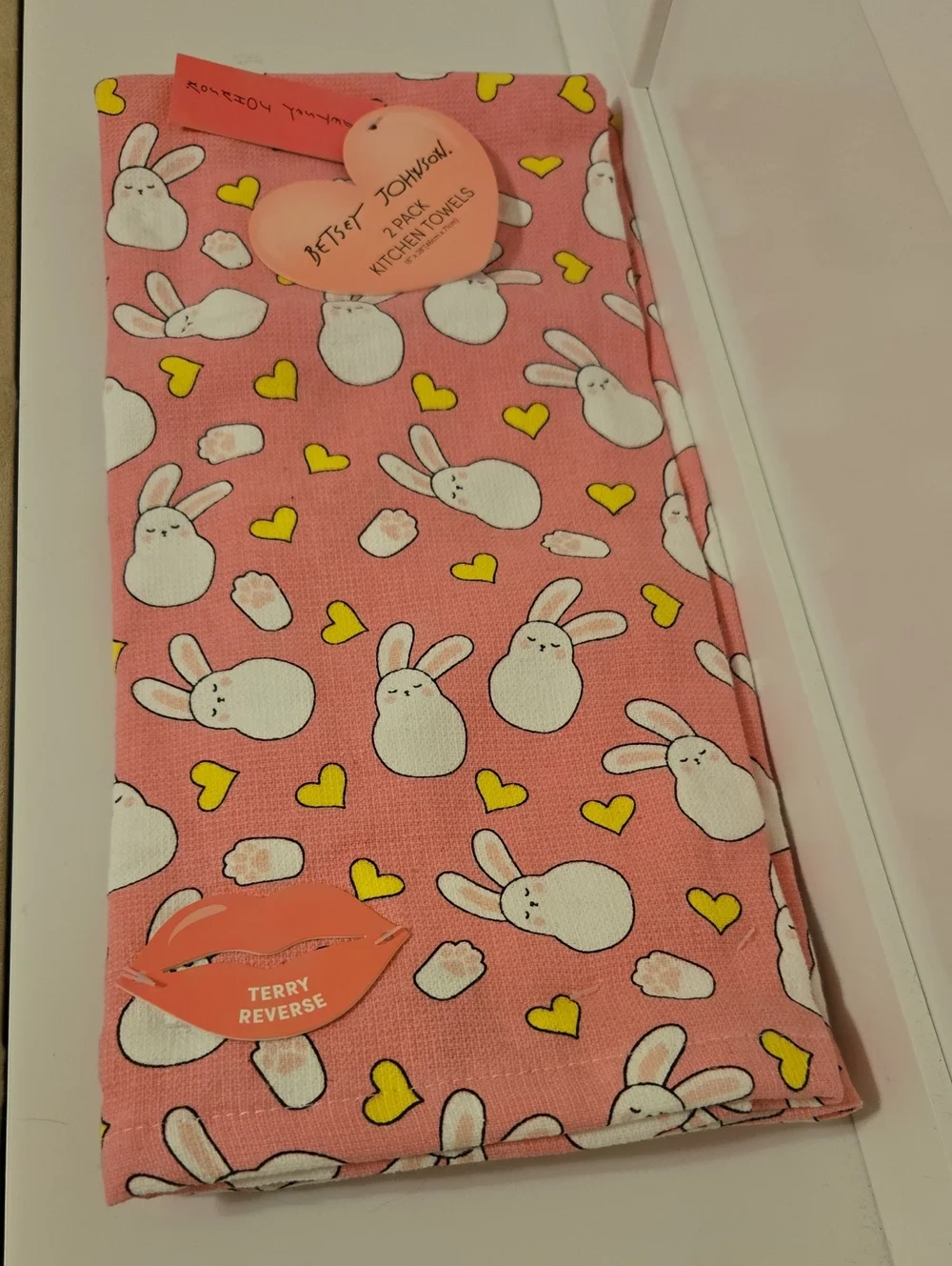 Betsey Johnson  Pink Bunny Heart Two pack of kitchen towels Nwt